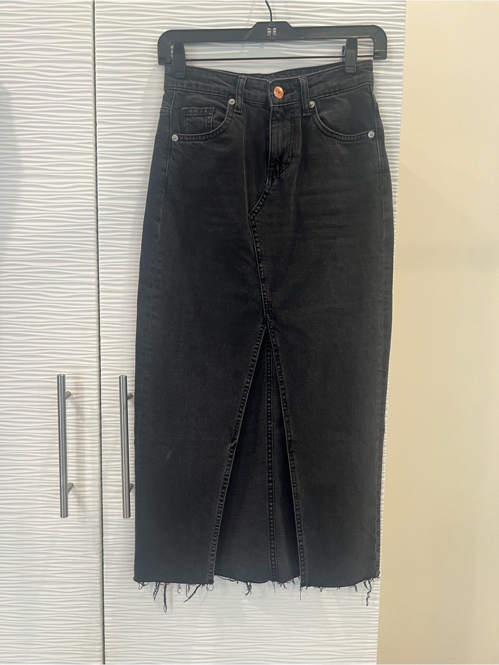 Divided Washed Black Denim long Skirt with Center Slit